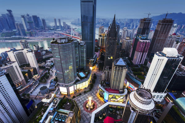 High angle view of skyscrapers in chongqing at sunset